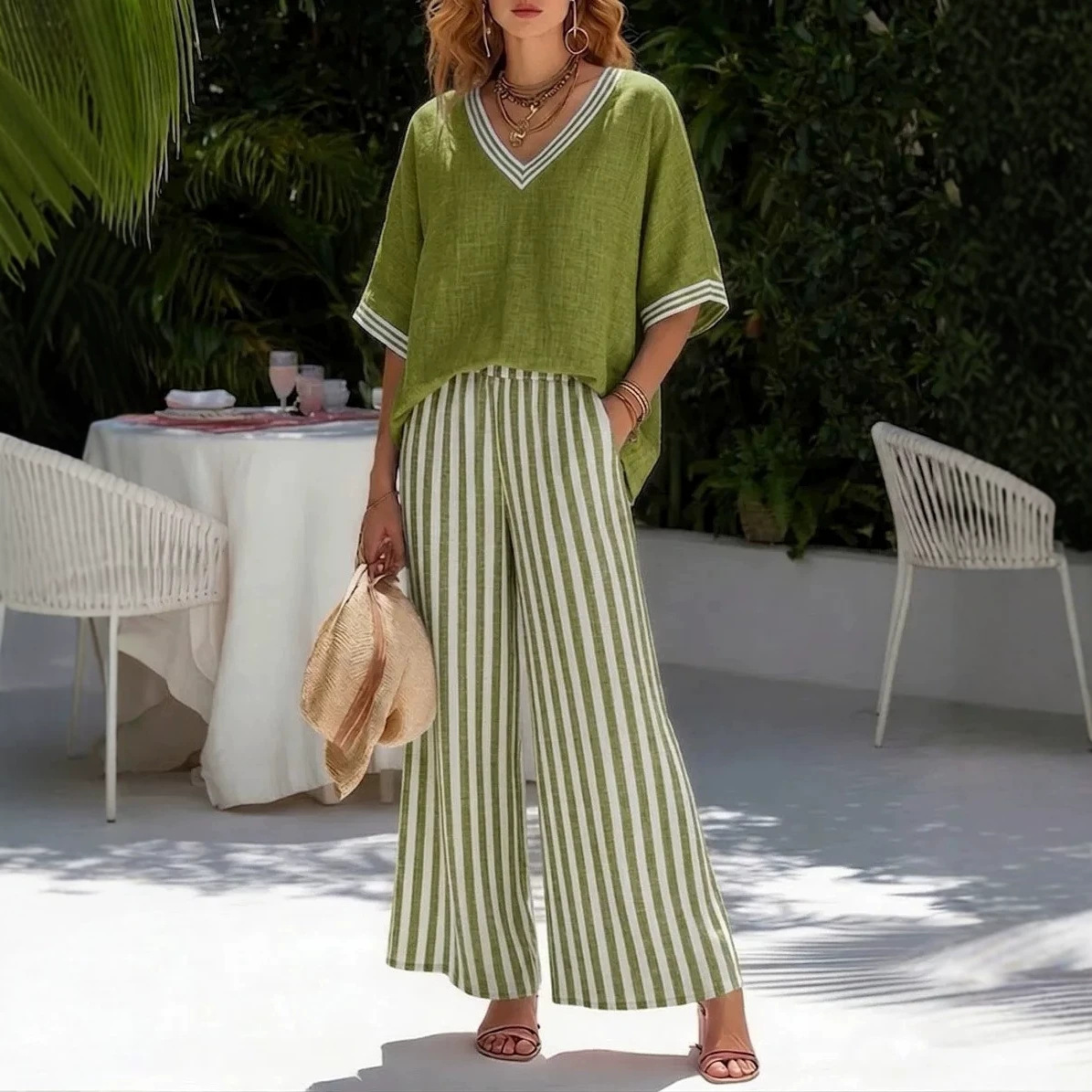 Striped Wide-Leg Pants Set with Solid Top