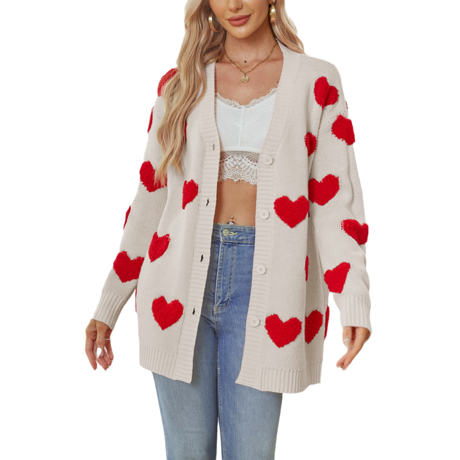Heart Jacquard Knit Midi Cardigan V-Neck Button-Up Women's