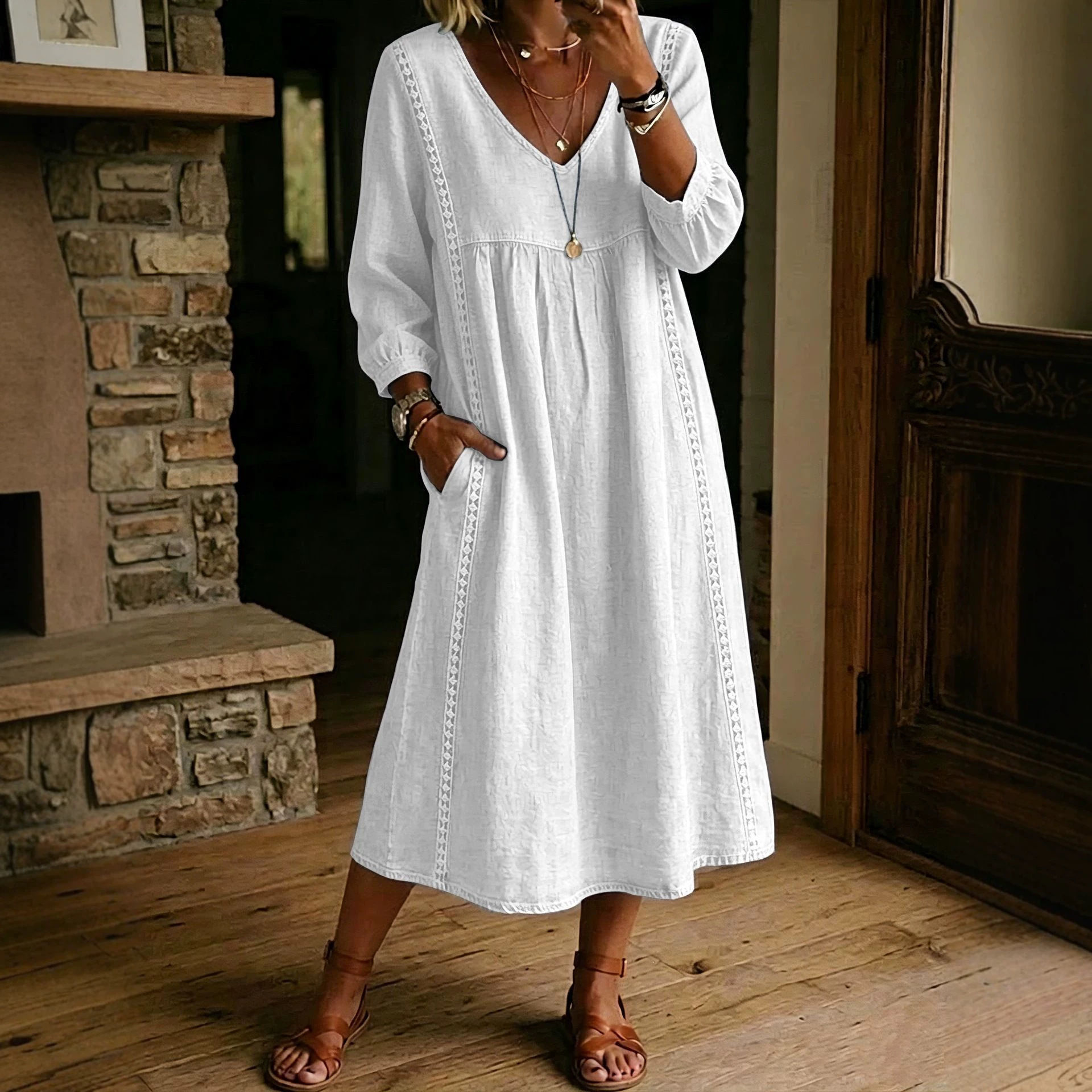 Solid V-Neck Lace-Trim A-Line Midi Dress