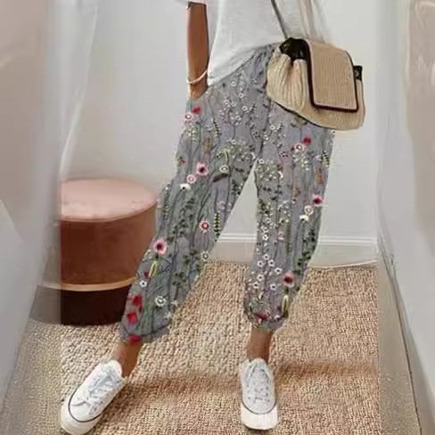 Women's Cotton-Linen Elastic Waist Cropped Pants Casual