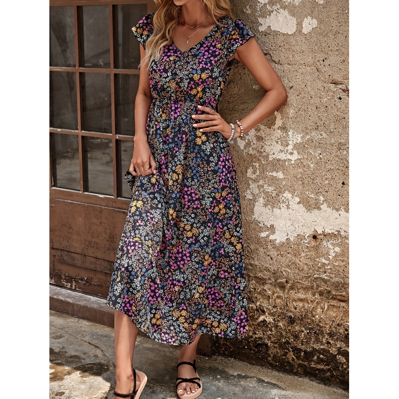 Floral V-Neck Boho Maxi Dress with Flutter Sleeves