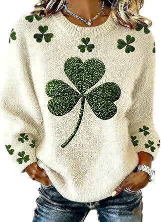 Women's Clover Print Crewneck Sweatshirt Casual Pullover