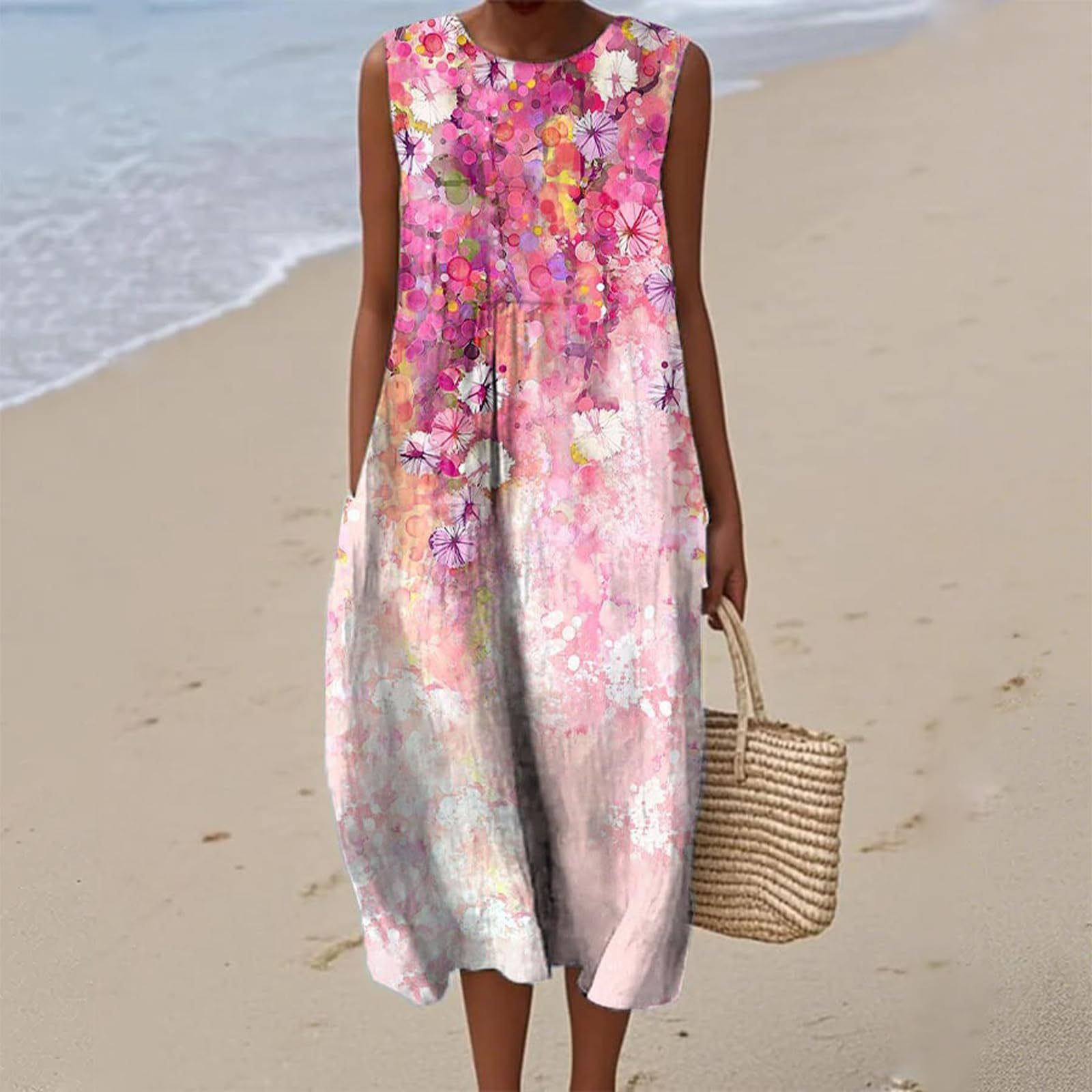 Women's Vintage Floral Print Midi Dress Sleeveless Round Neck Slim Fit