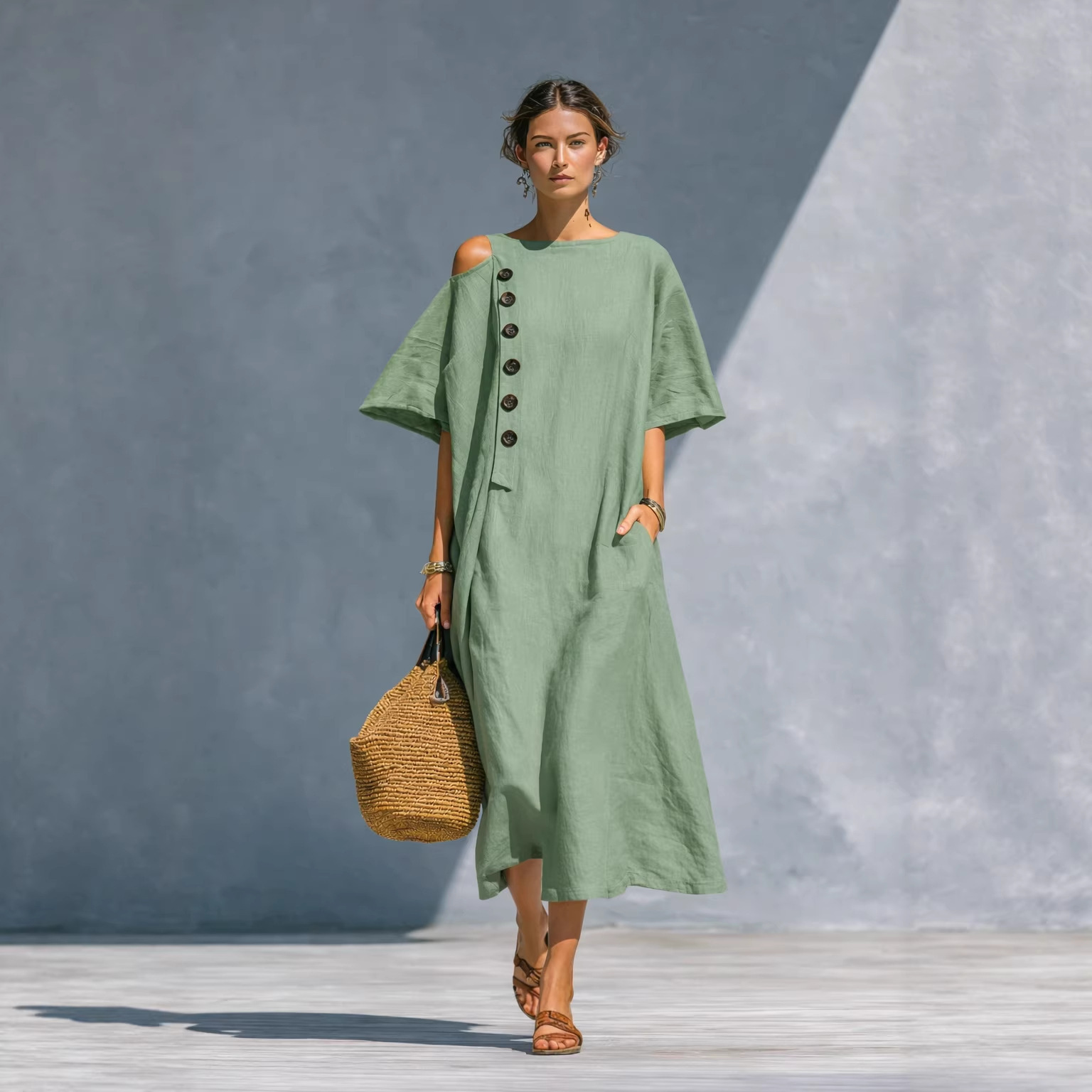 Women's Summer Loose Fit Midi Dress with One-Shoulder Button Detail