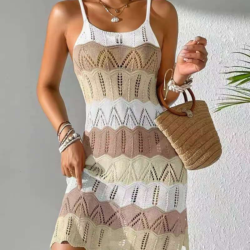 Women's Colorblock Knit Beach Cover-Up Dress Sleeveless Midi