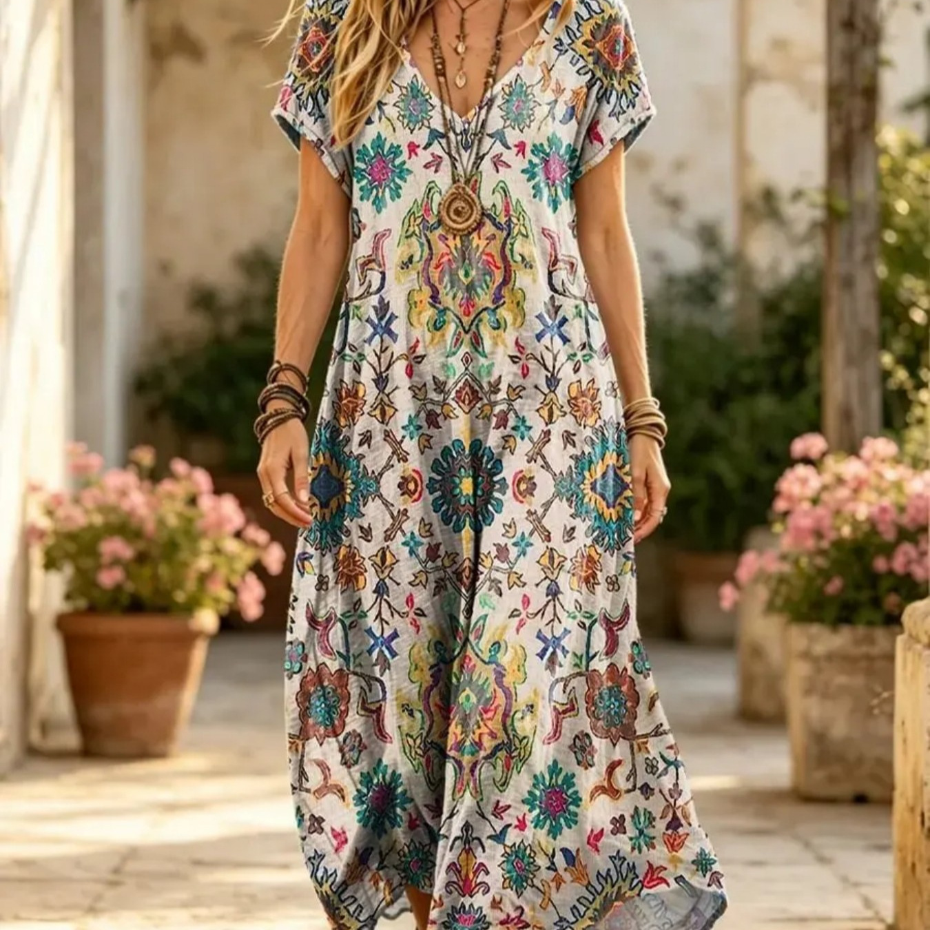 Women's Floral Print Midi Dress Short Sleeve Deep V-Neck Bodycon Casual