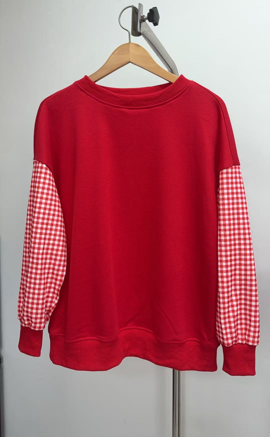 Women's Loose Crewneck Colorblock Plaid Long-Sleeve Sweatshirt