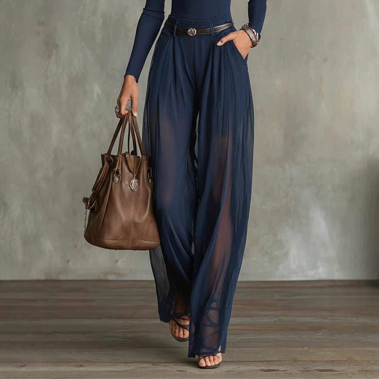 Lace Panel Long Sleeve Top and High Waist Wide Leg Pants Set