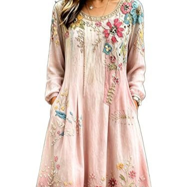 Women's Bohemian Floral Print Pleated Long Sleeve Midi Dress