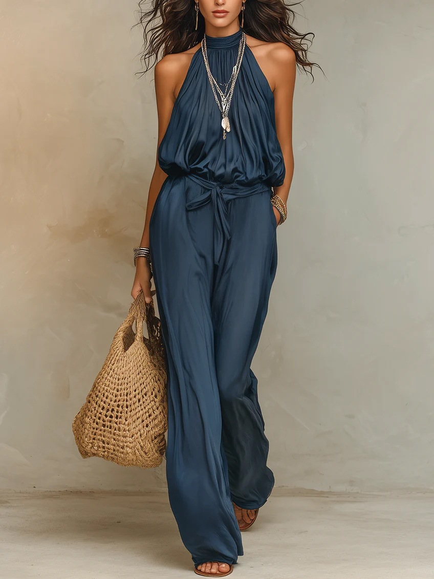 Bohemian Halter Wide-Leg Jumpsuit with Waist Tie