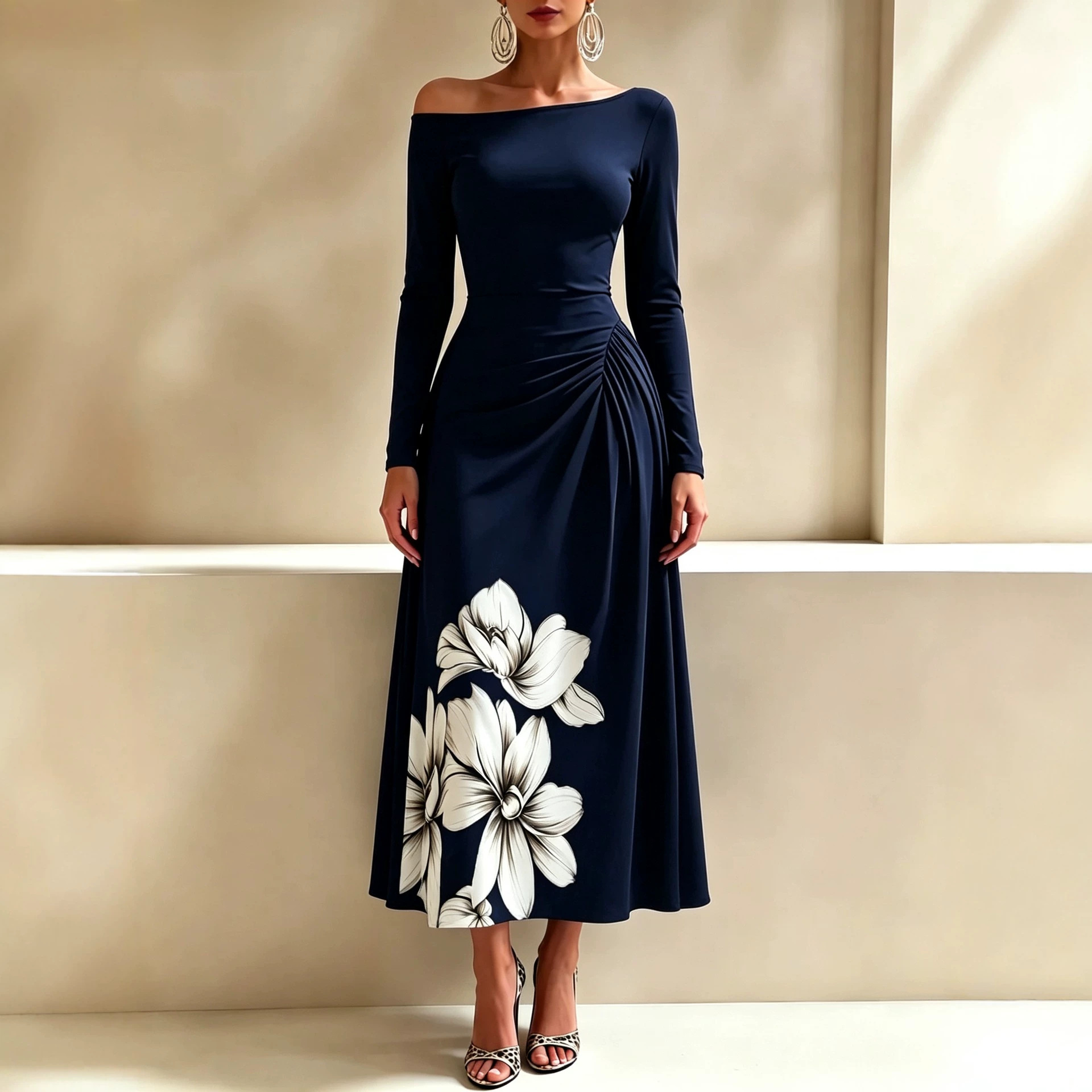 Off-Shoulder Floral Print Maxi Dress with Side Waist Ruching