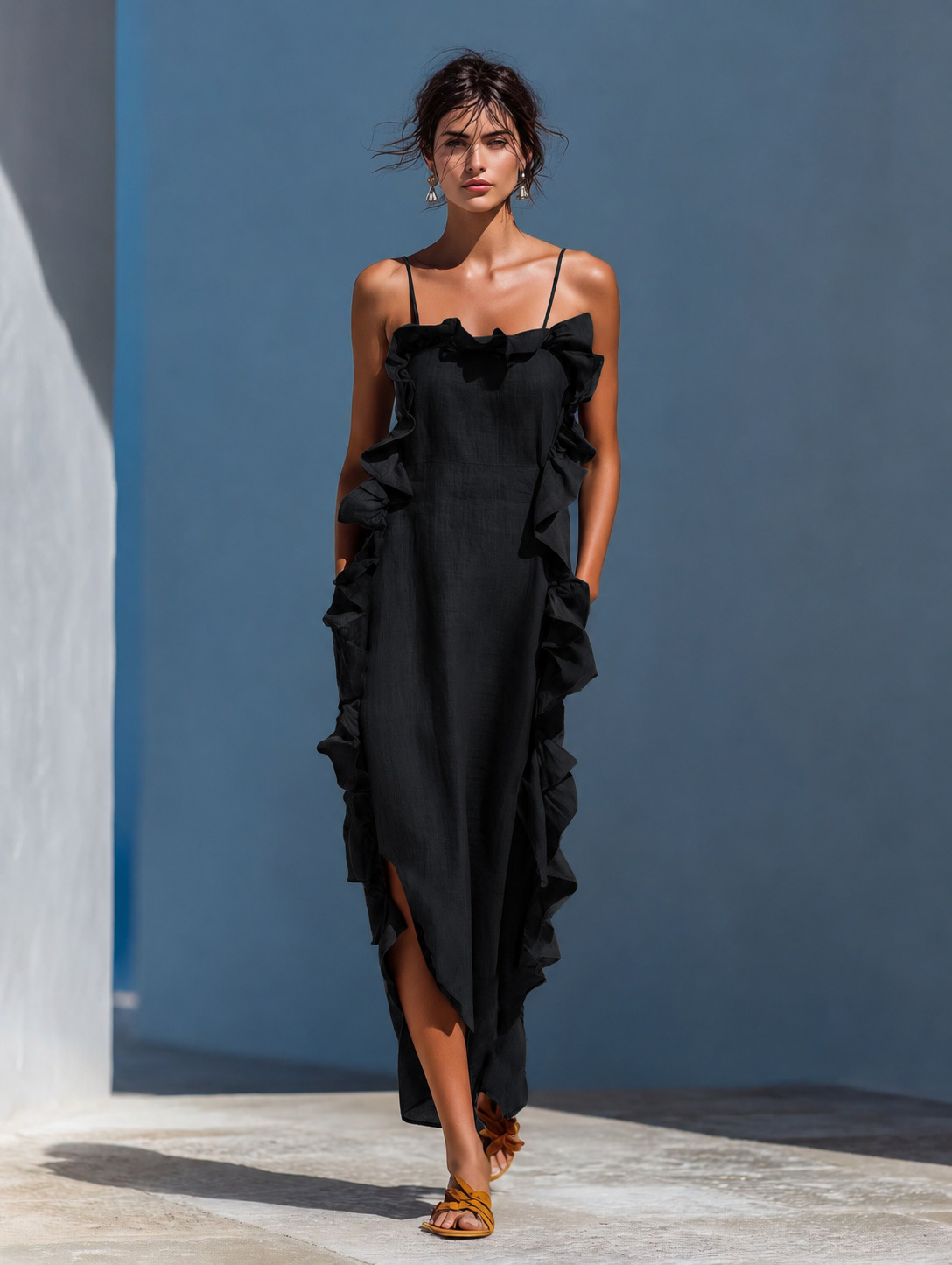 Ruffled Sleeveless Halter Maxi Dress