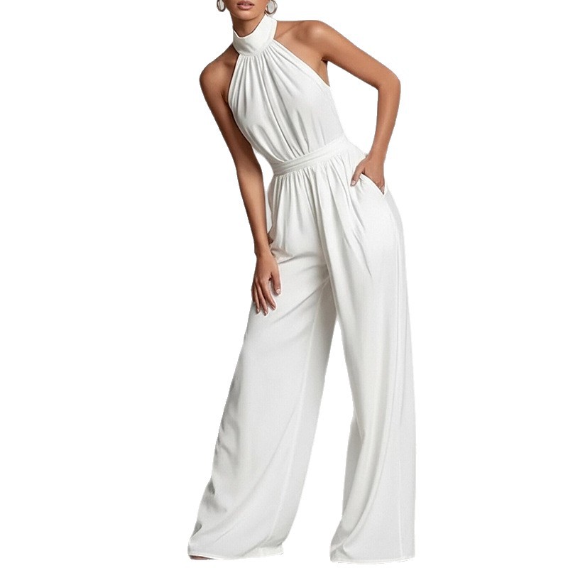 Women's Solid Color Waist-Defining Open-Back Halter Wide-Leg Jumpsuit