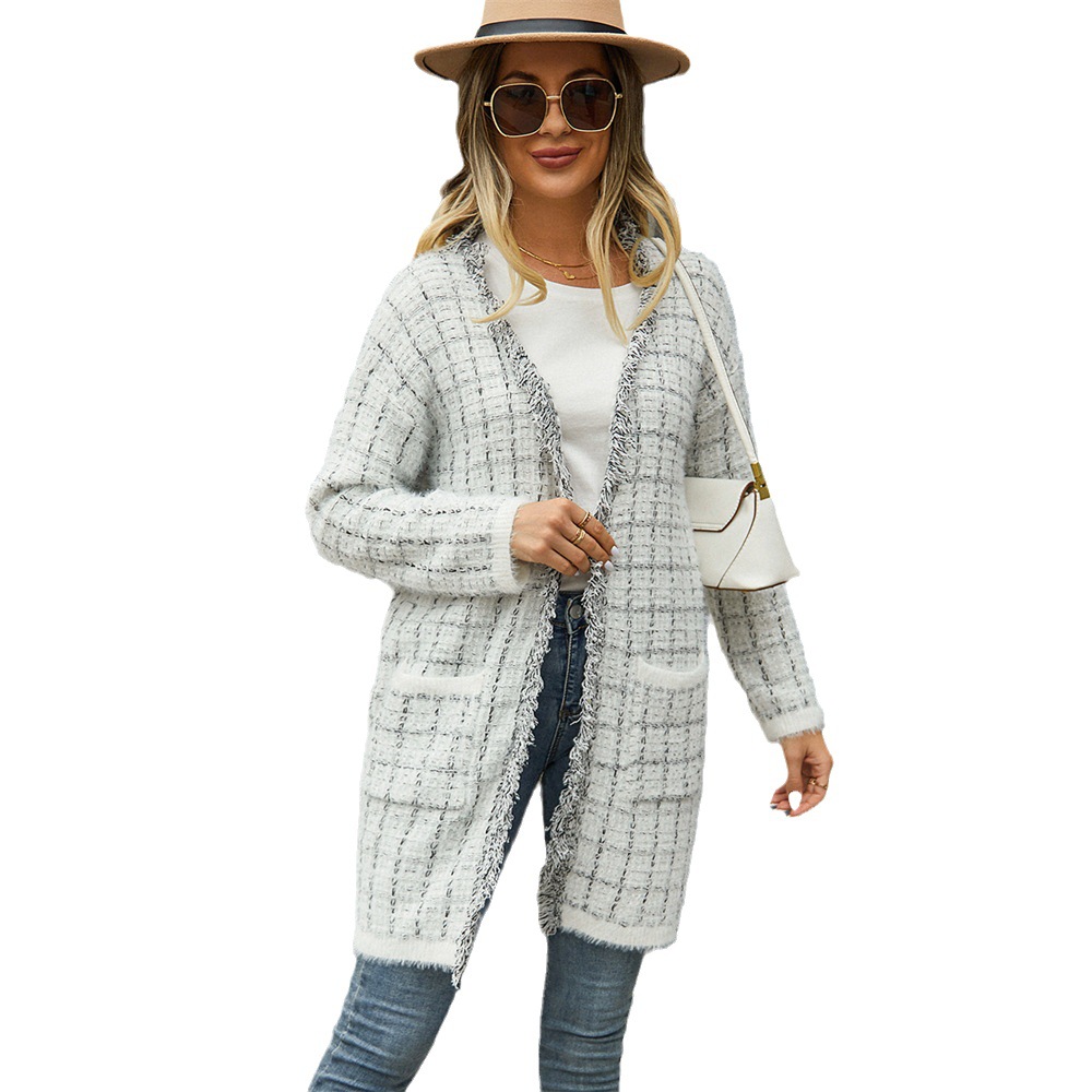 Fringed Knit Cardigan Colorful Striped Open Front Women's