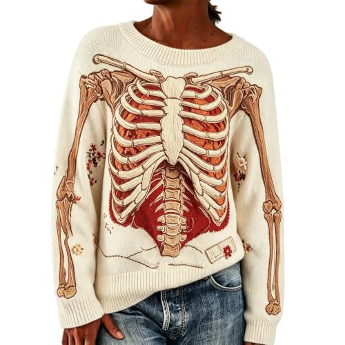 Women's Floral Heart Skeleton Print Crewneck Sweatshirt