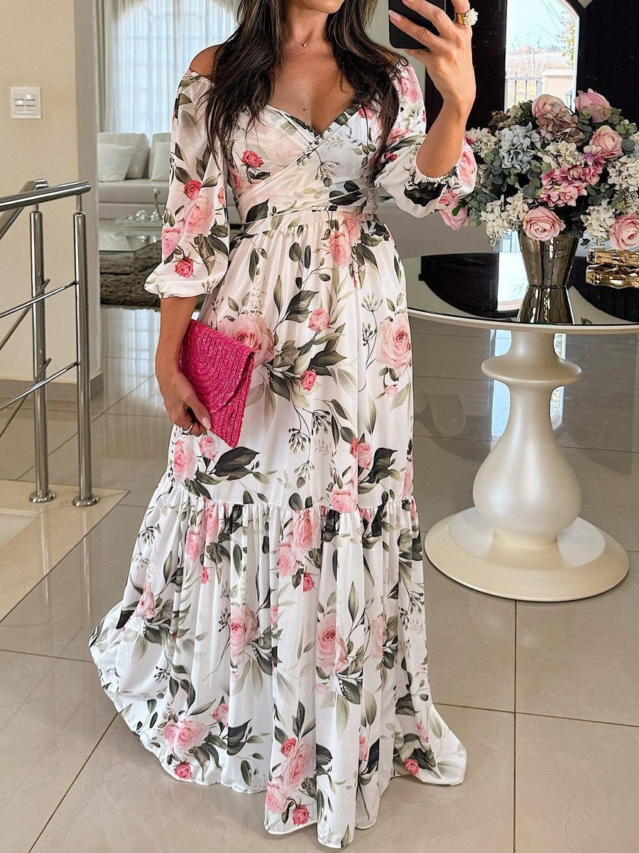 Women's Pleated Floral Print Maxi Dress with V-Neck and High Waist
