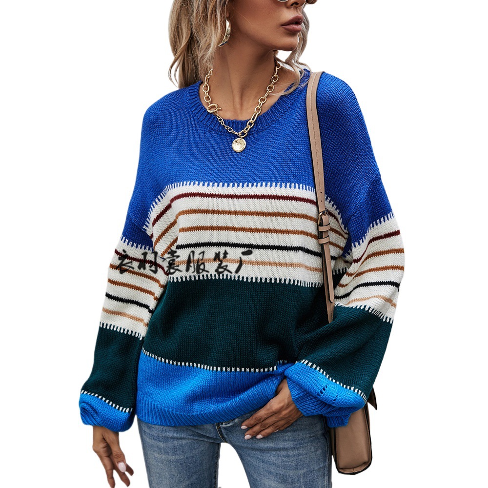 Color-Block Striped Crewneck Pullover Sweater Women's Loose Knit