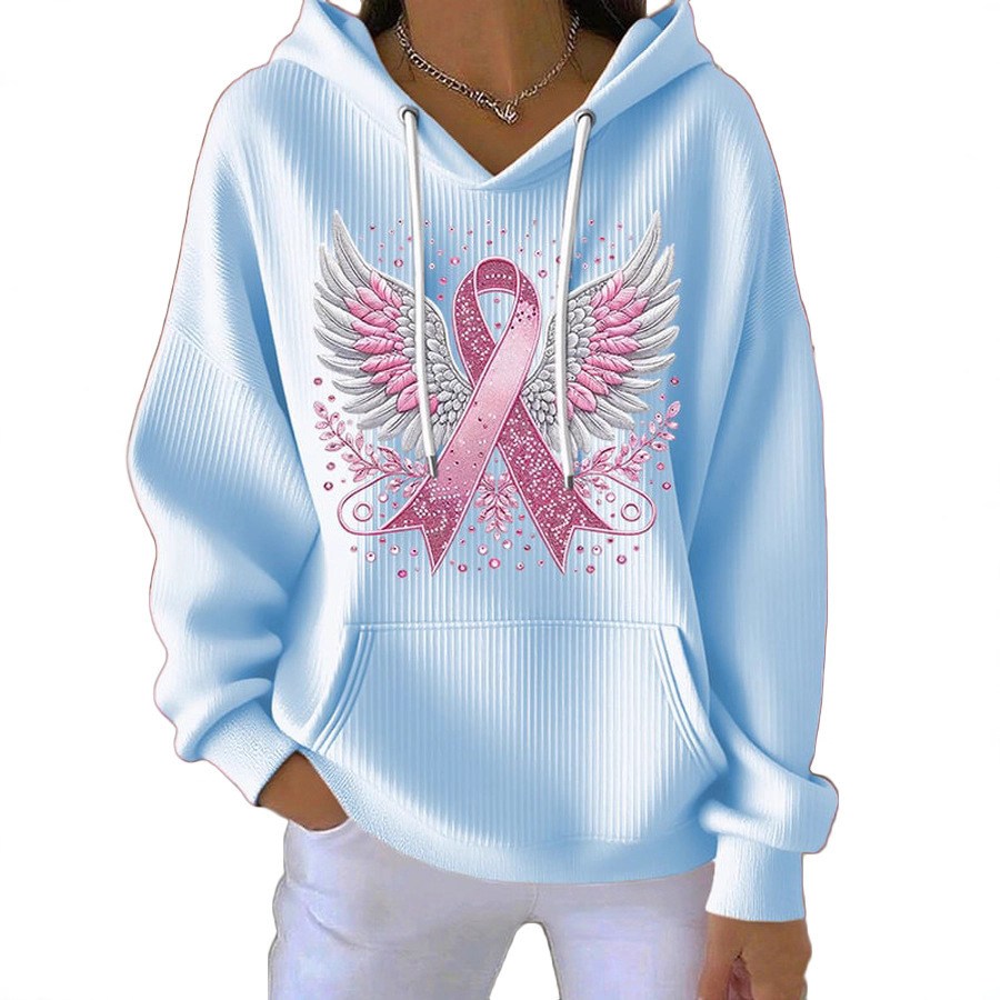 Women's Striped Hooded Long-Sleeve Sweatshirt with Cartoon Digital Print