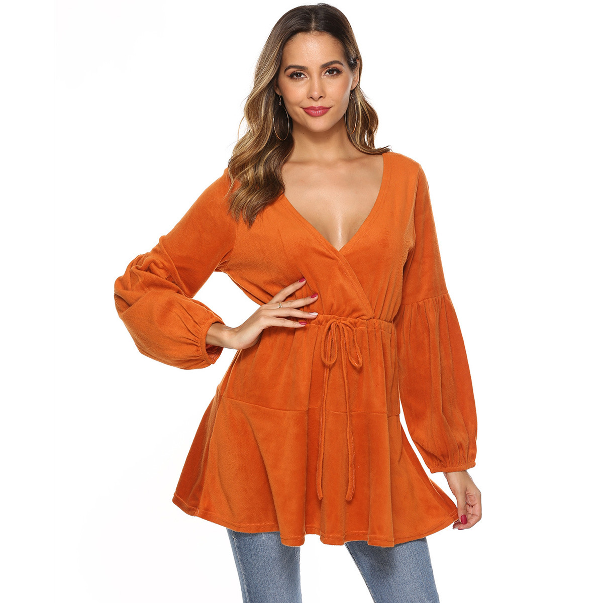 Cross V-Neck Lace-Up Waist Fuzzy Knit Dress with Long Sleeve Cardigan