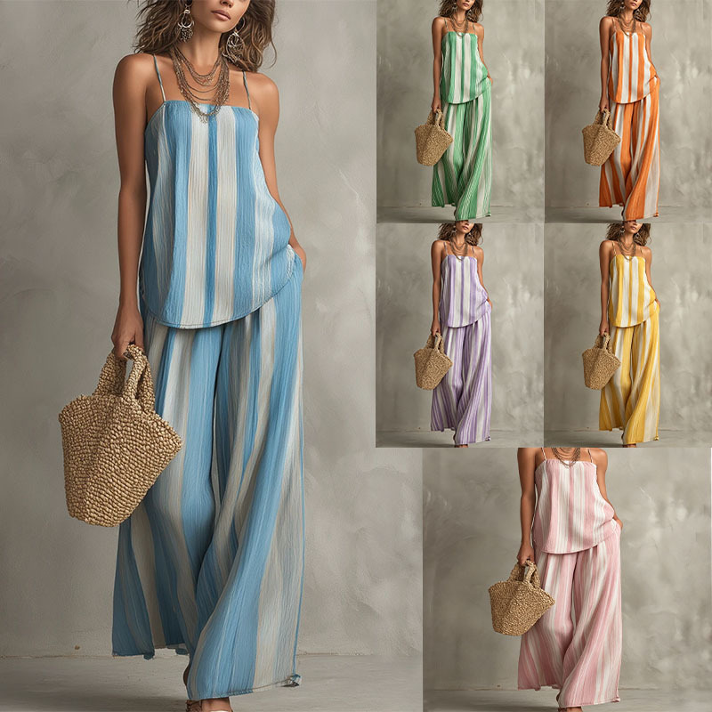 Striped Textured Cami & Wide-Leg Pants Two-Piece Set