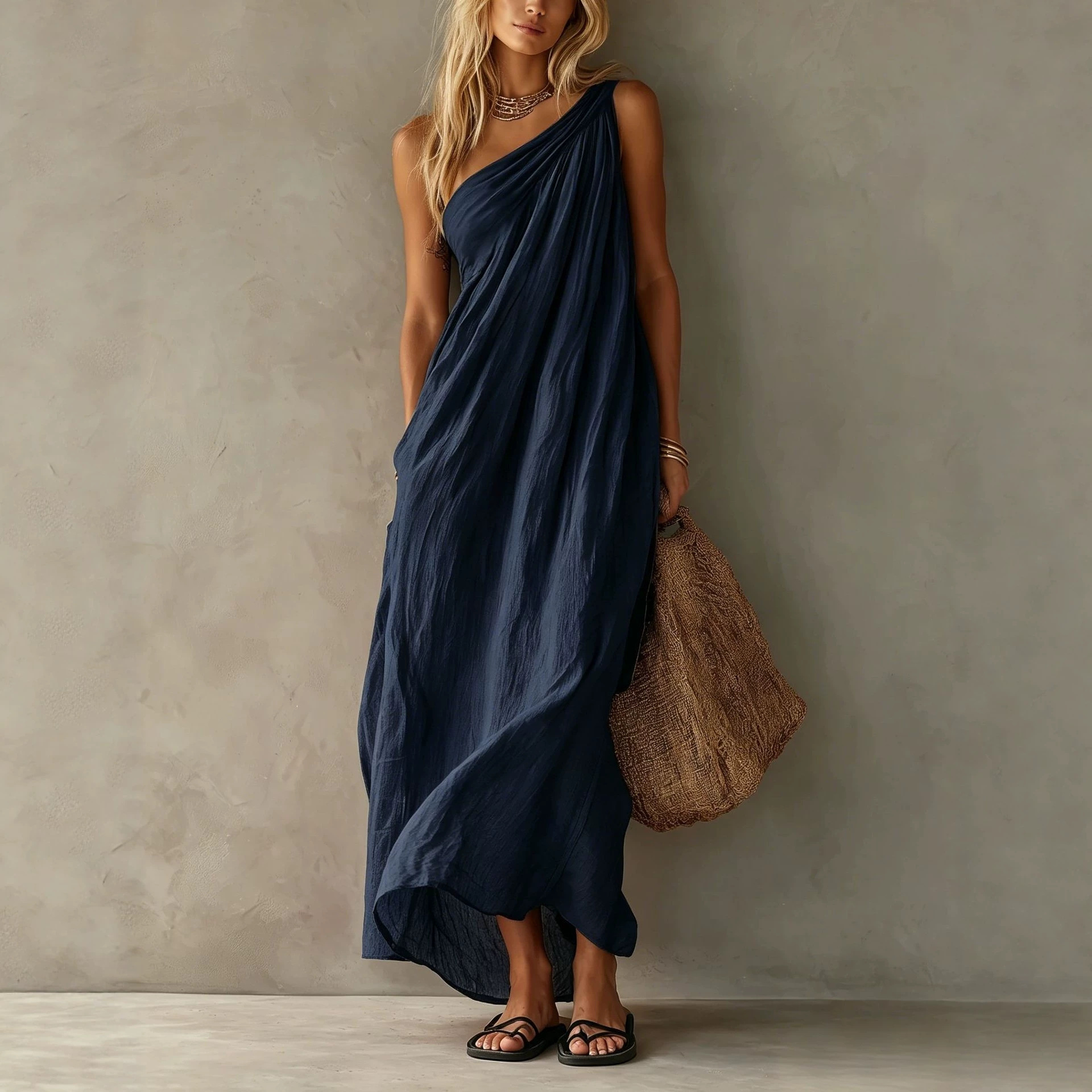 2026 Amazon Cross-Border Women's One-Shoulder Ruched Dress Loose Slimming Solid Color Beach Vacation Long Dress
