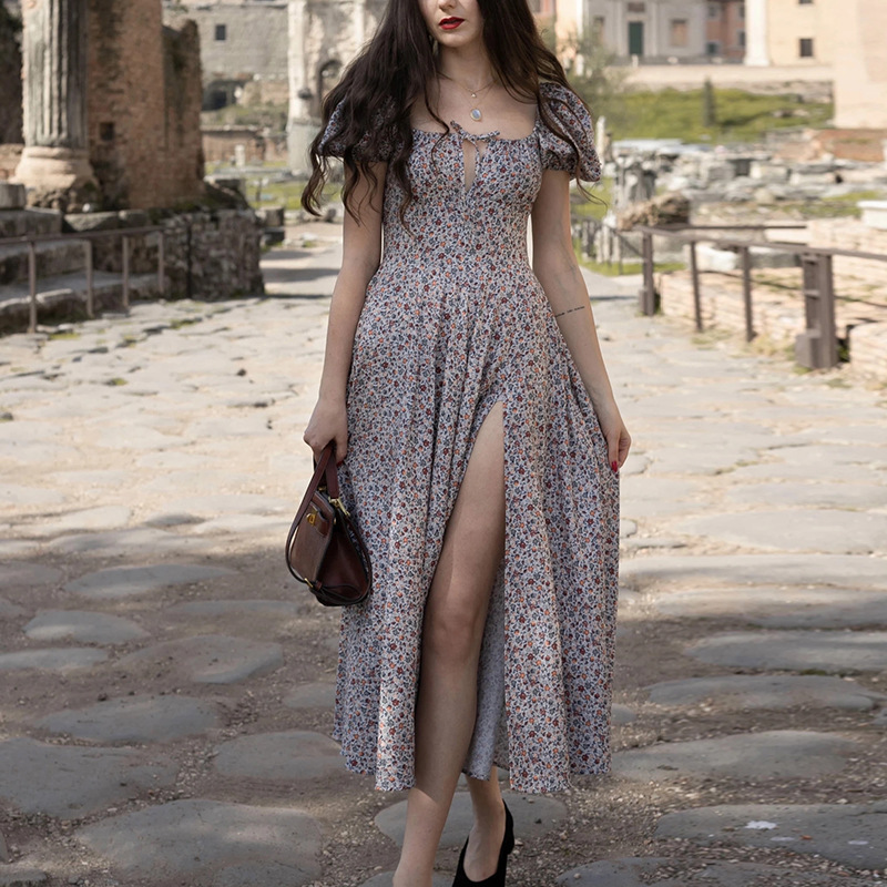 Women's Long French Floral Dress with Square Neck and Short Sleeves