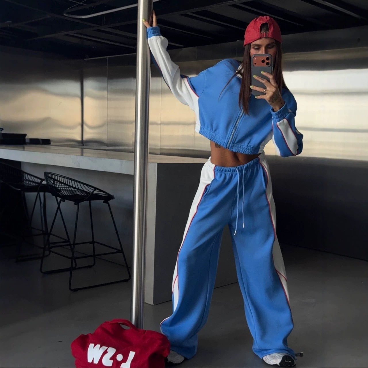 Women's Color-Block Zip-Up Short Jacket & Wide-Leg Pants Set