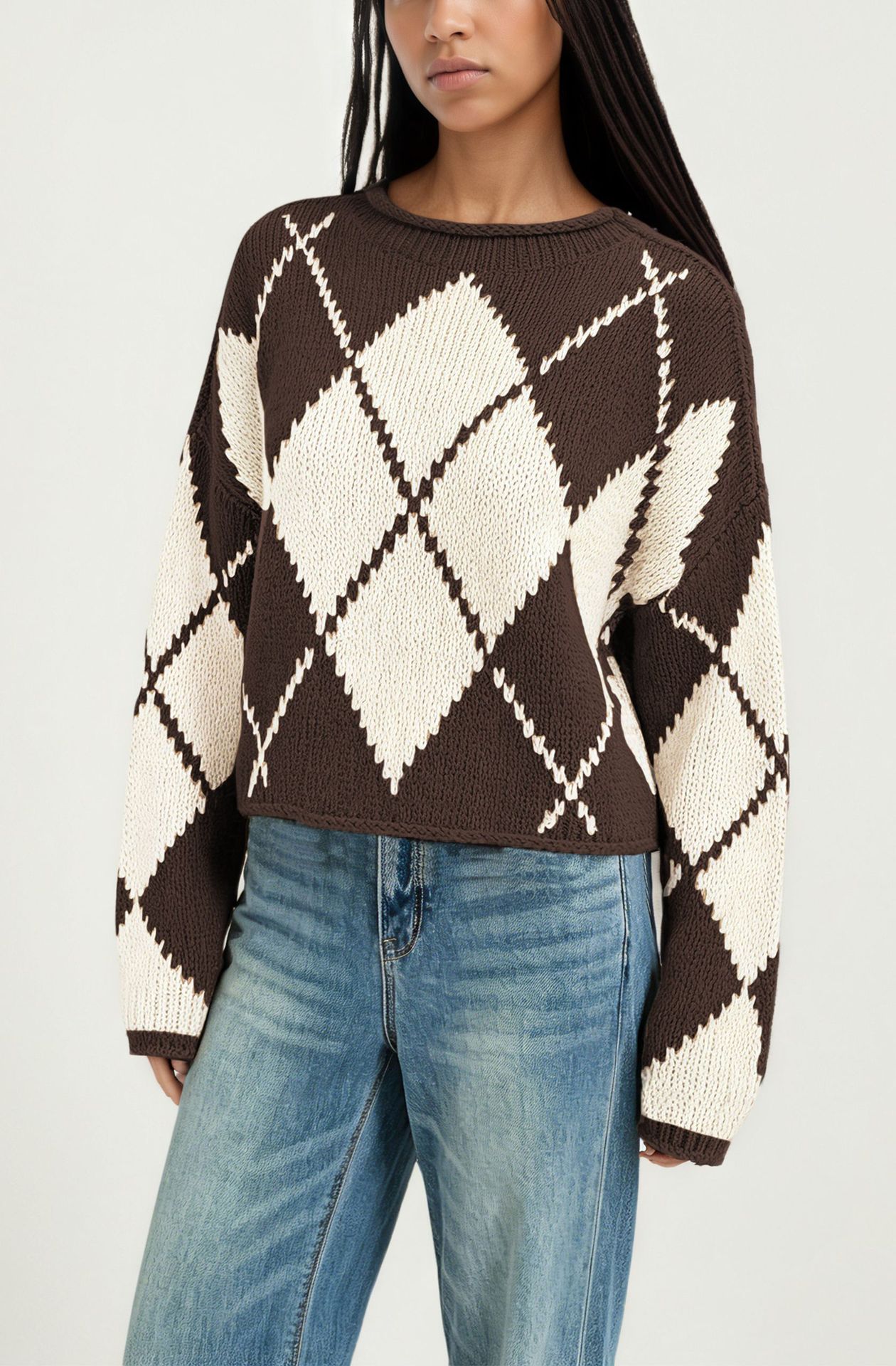 Women's Color-Block Diamond Knit Sweater, Loose Crewneck Pullover
