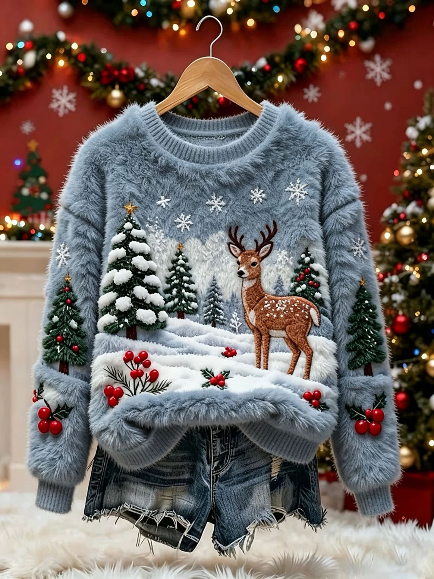 Christmas Reindeer Print Long-Sleeve Pullover Fleece Sweatshirt