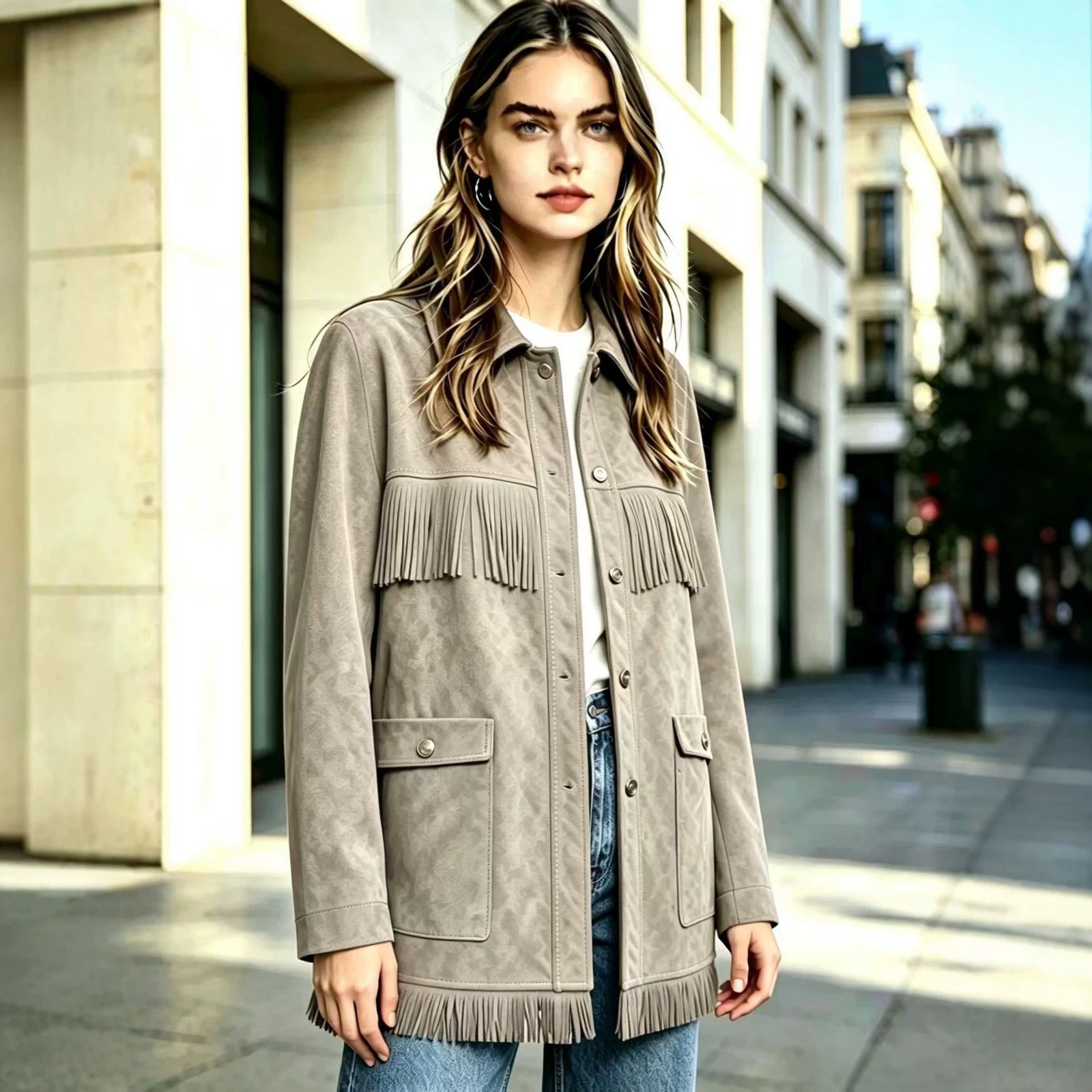Fringe Faux Suede Jacket Women's Western-Style Collared Snap-Front Mid-Length Casual Coat