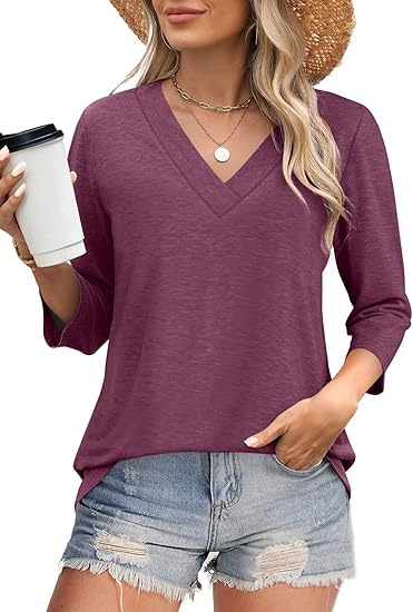 Women's V-Neck 3/4 Sleeve Knit Top - Fitted Casual T-Shirt