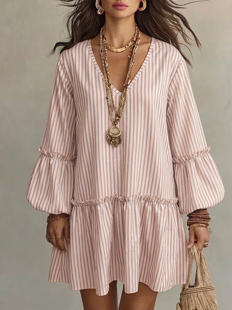 Women's Striped Print V-Neck Lantern Sleeve Loose Short Dress