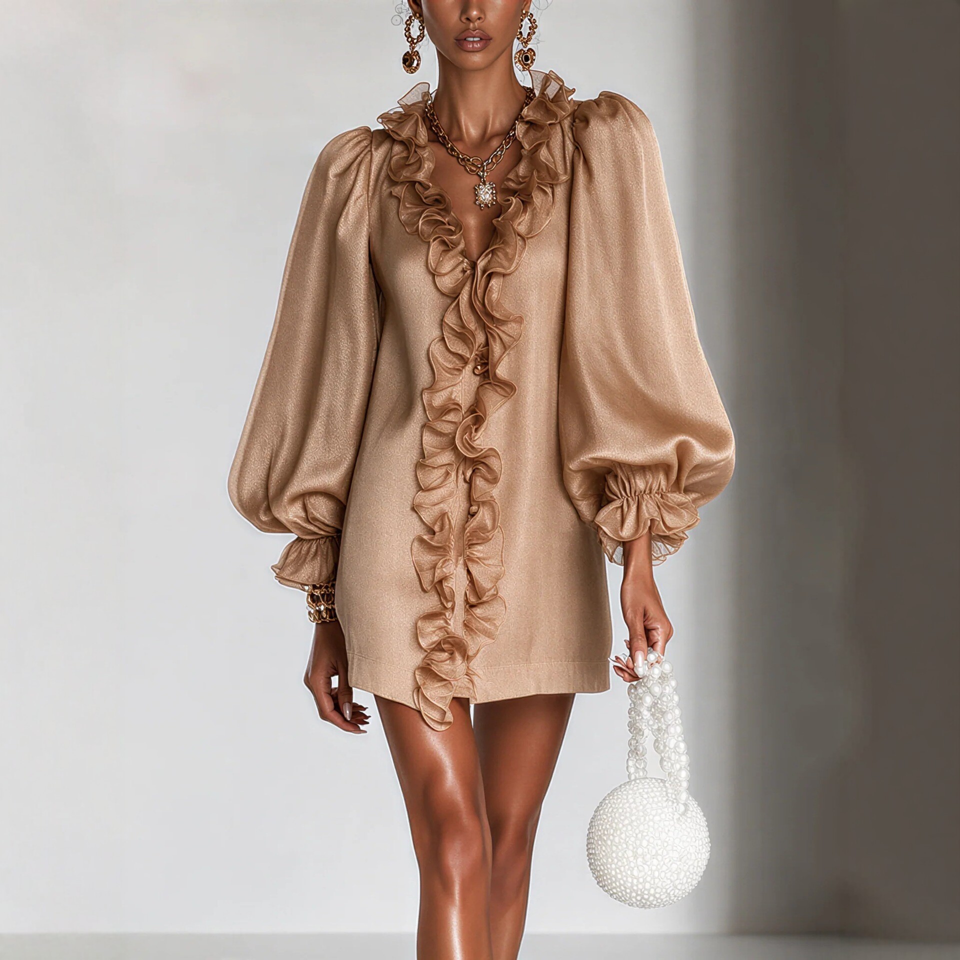 Champagne Shimmering Sheer Ruffle Bubble-Sleeve Mini Dress with Deep V-Neck