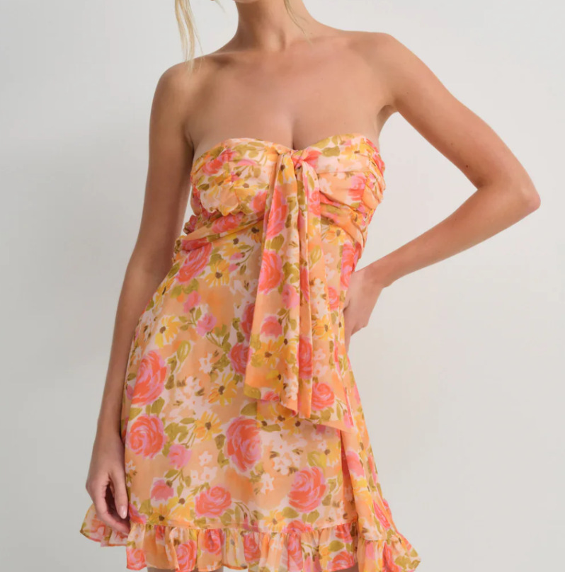 Sexy French Floral Print Sheer Strapless A-Line Dress