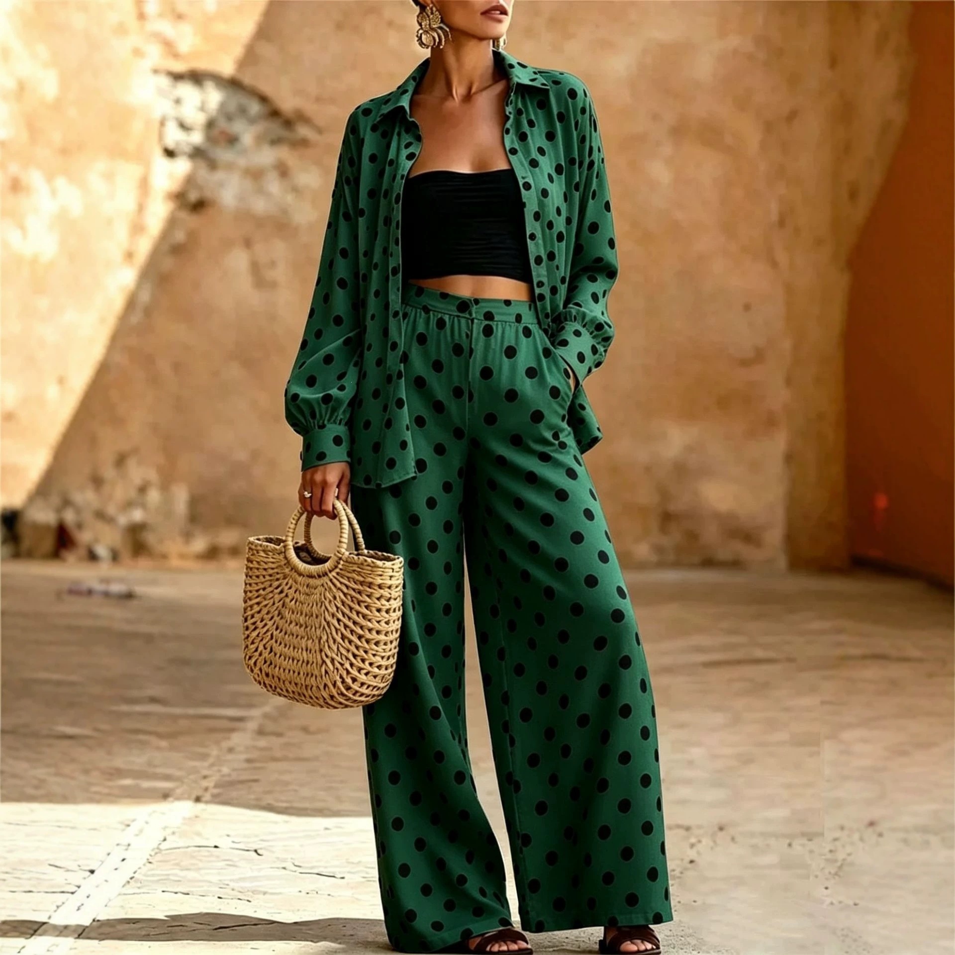 Women's Polka Dot Two-Piece Set with Wide-Leg Pants