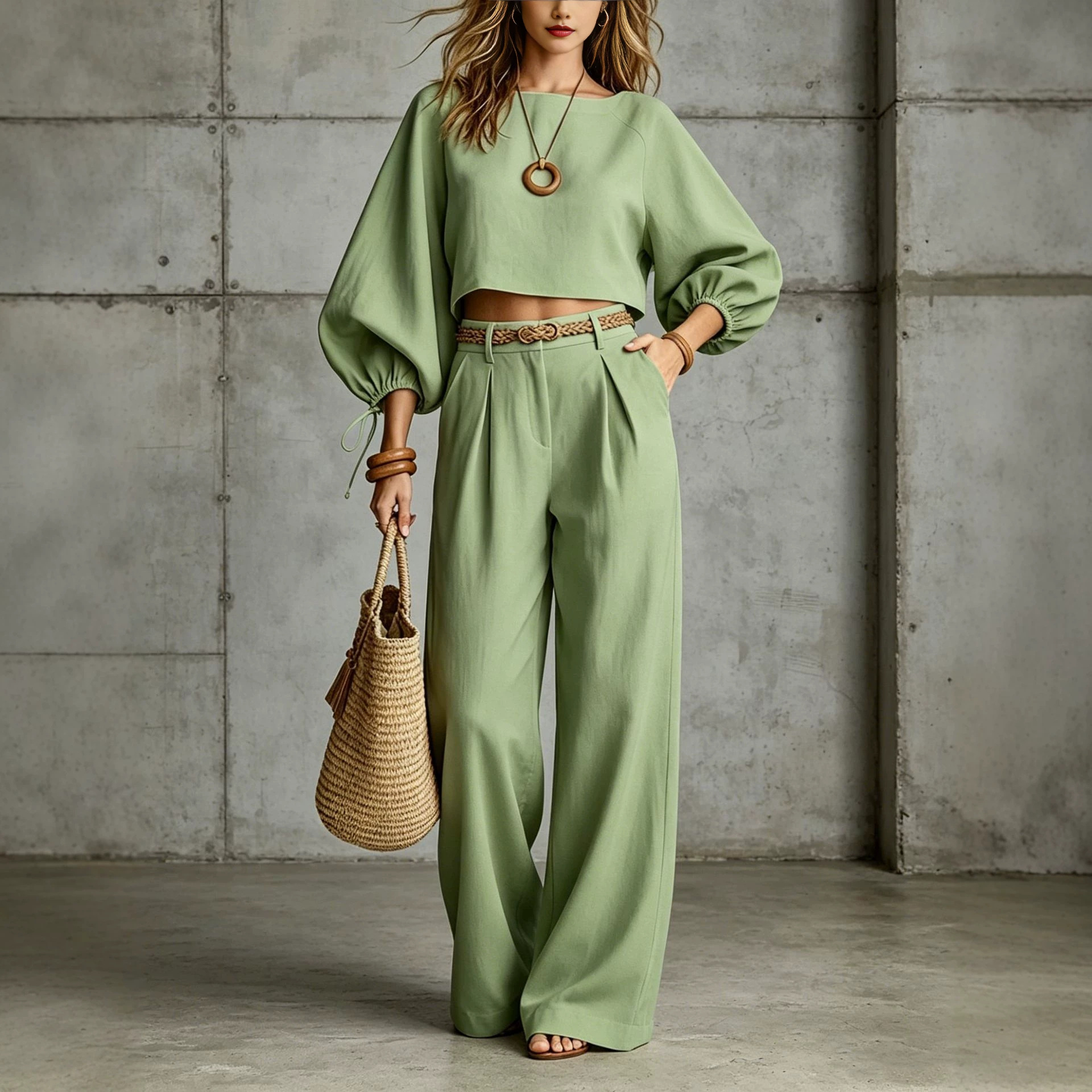 Solid Color Puff Sleeve Short Top and Casual Pants Two-Piece Set