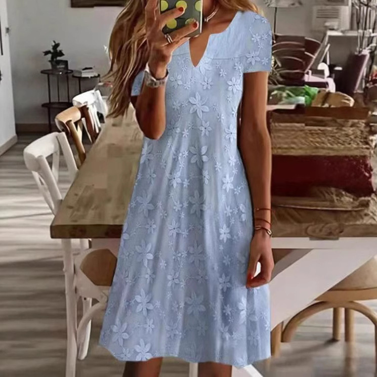 Elegant Solid V-Neck Short Sleeve Dress