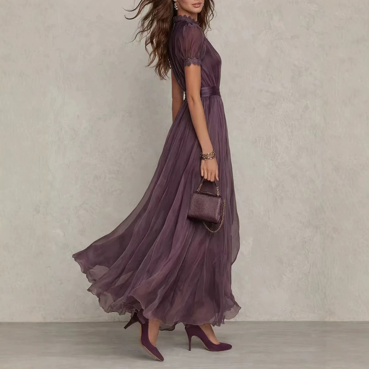 Elegant Lace-Trim Collar Waist-Cinched Midi Dress