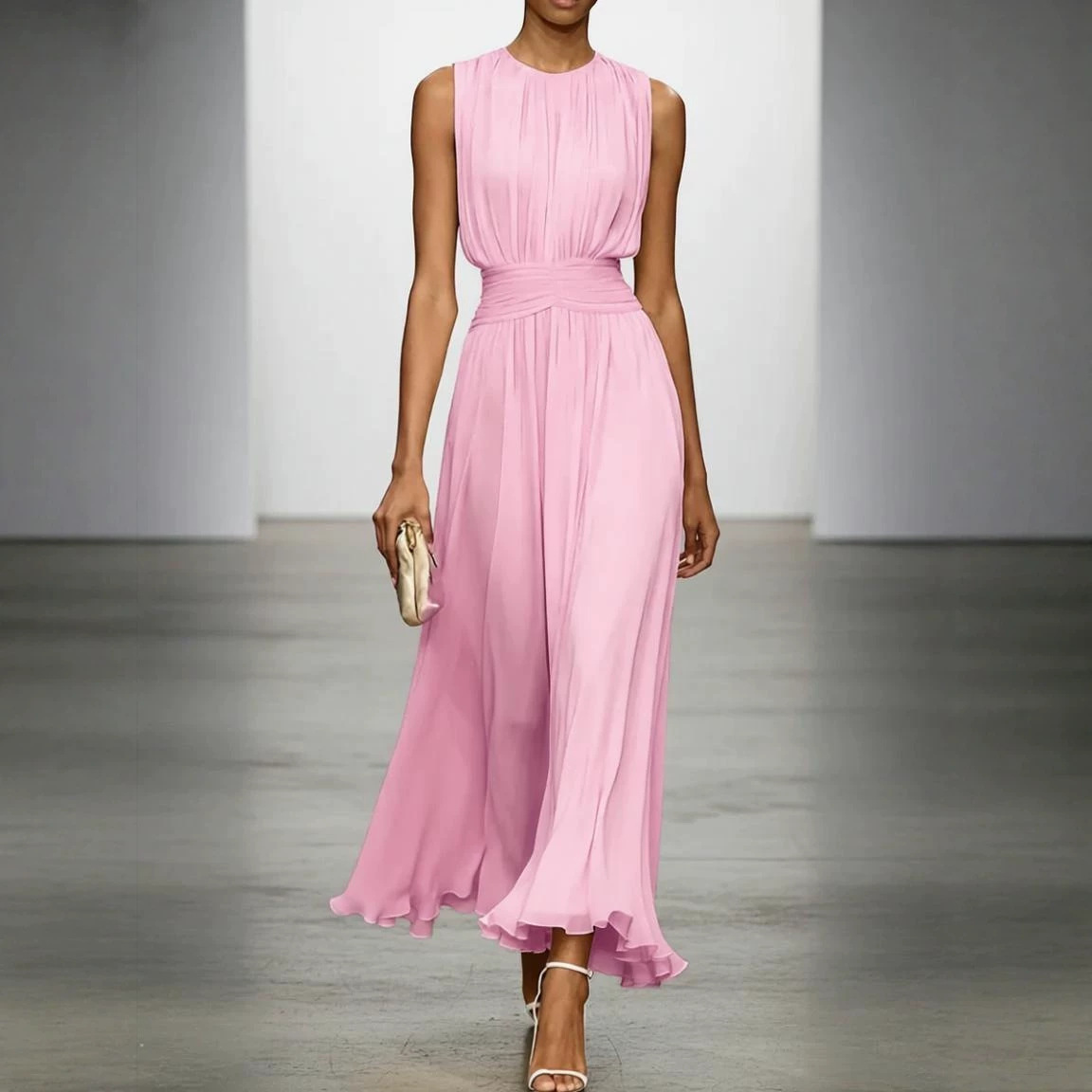 Women's Sleeveless A-Line Midi Dress with Elastic Waist