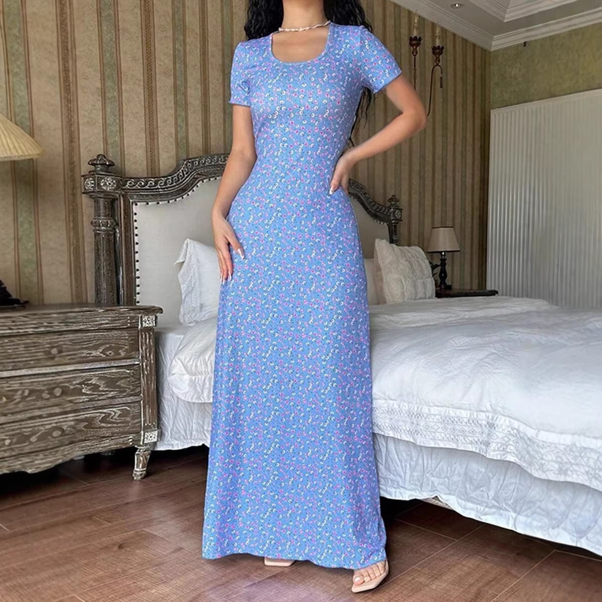 Women's Floral Print U-Neck Back Tie A-Line Midi Dress