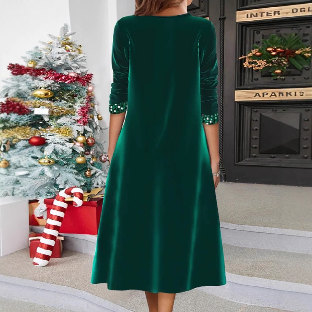 Sequin V-Neck Long Sleeve Midi Dress