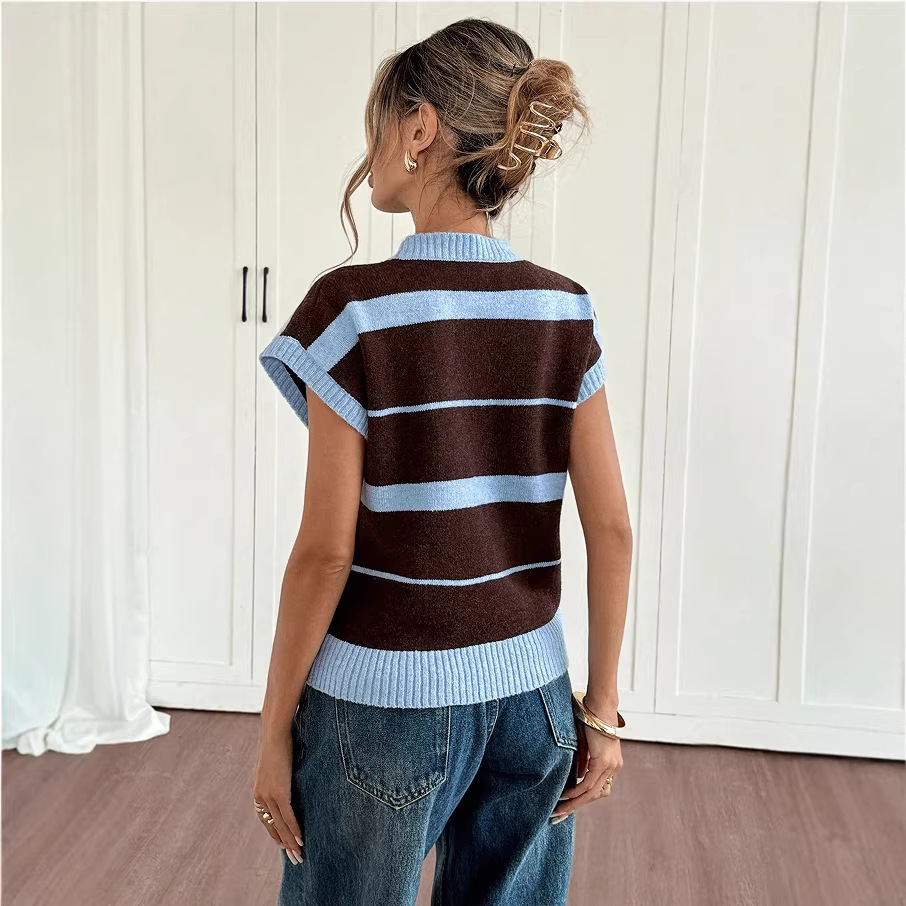 Striped Knit Sweater Vest Crew Neck Pullover