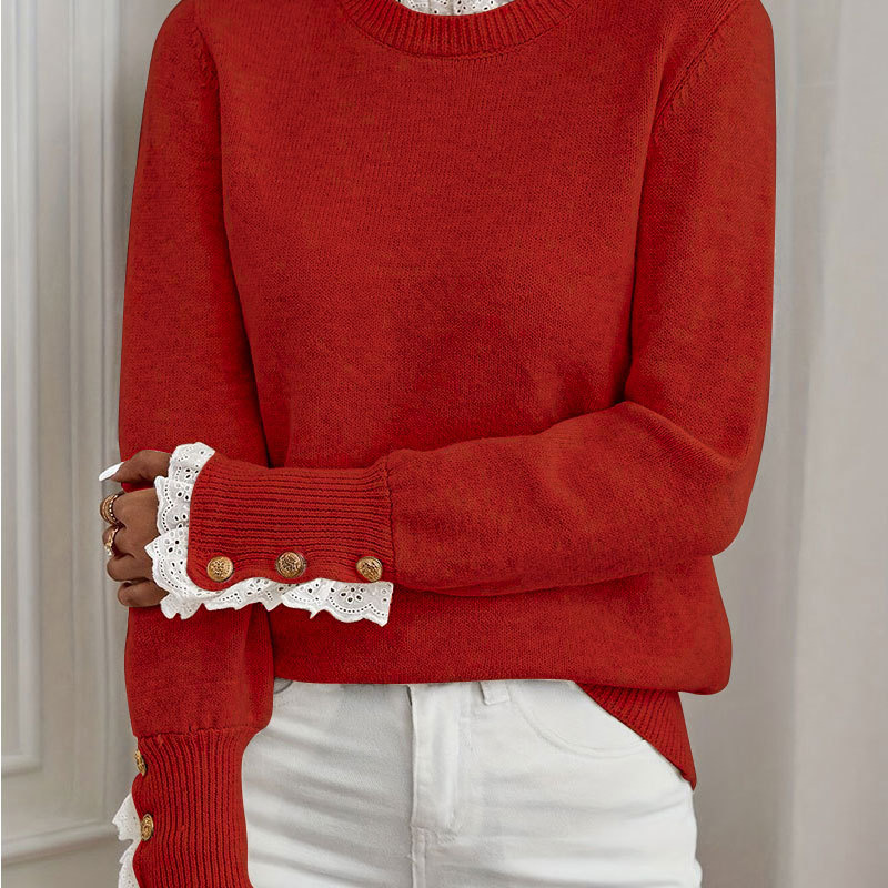 Women's Lace Trim Crewneck Button Knit Sweater
