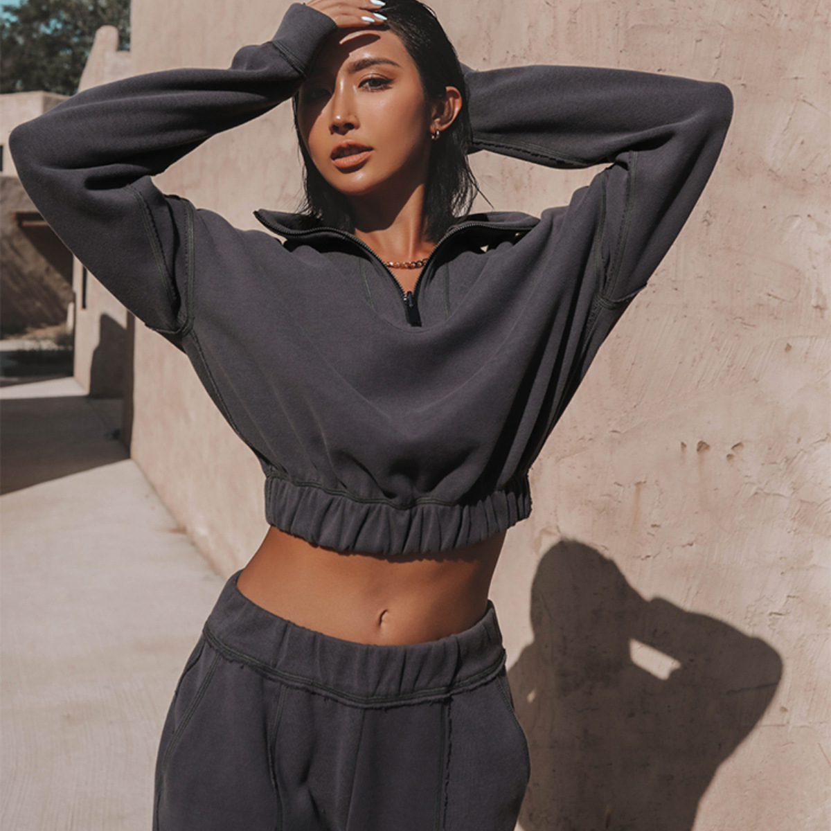 Women's Casual Sportswear Two-Piece Sweatsuit Set Solid Color Long Sleeve Long Pants