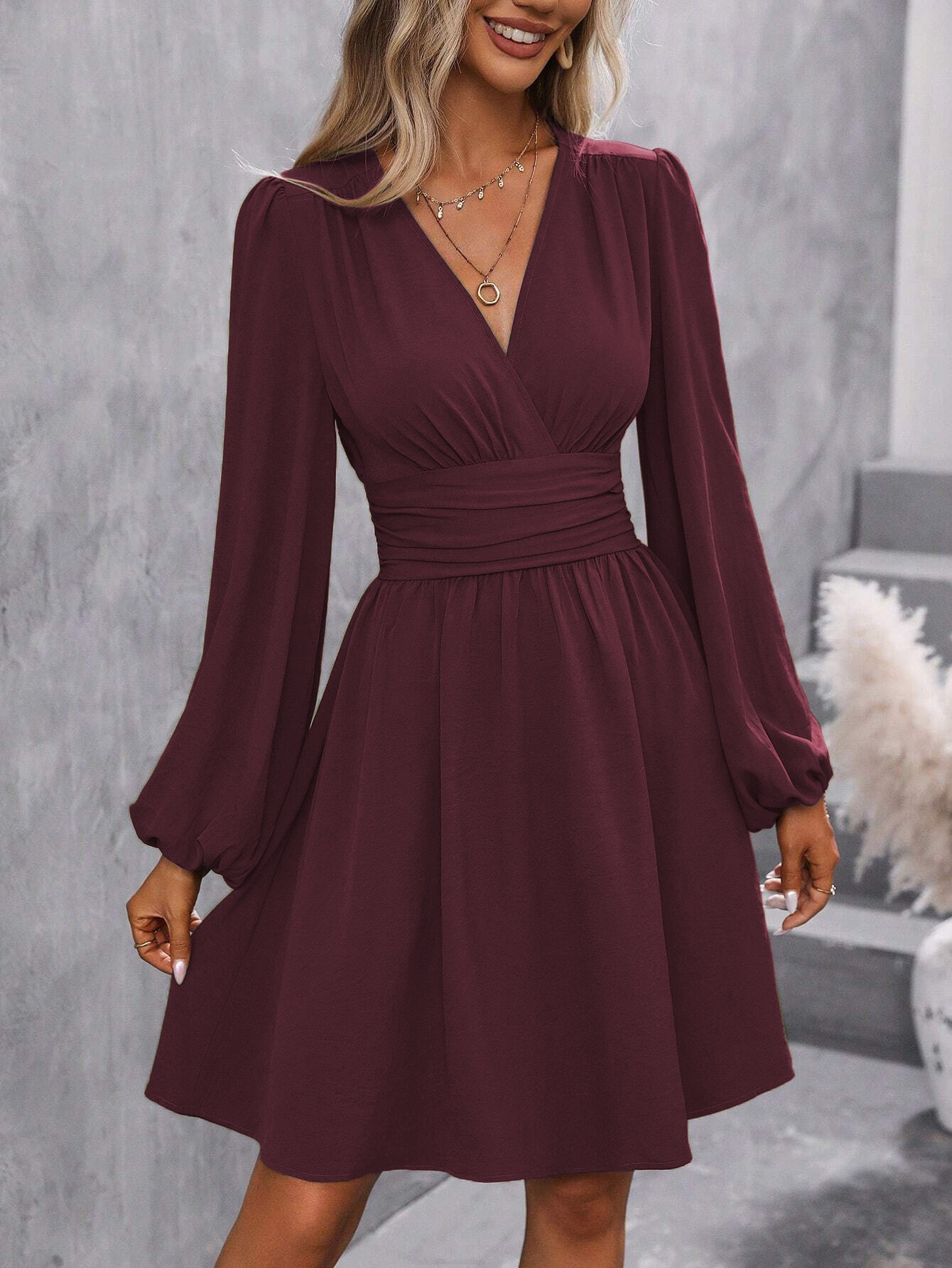 Asymmetric Collar Lantern Sleeve Ruched Waist A-Line Dress