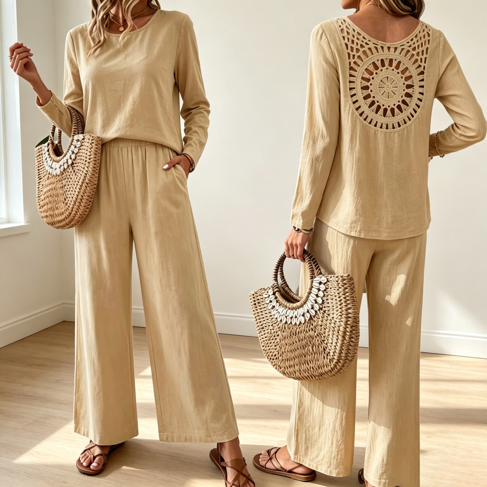 Women's Open-Back Crochet Top & High-Waist Wide-Leg Pants Set