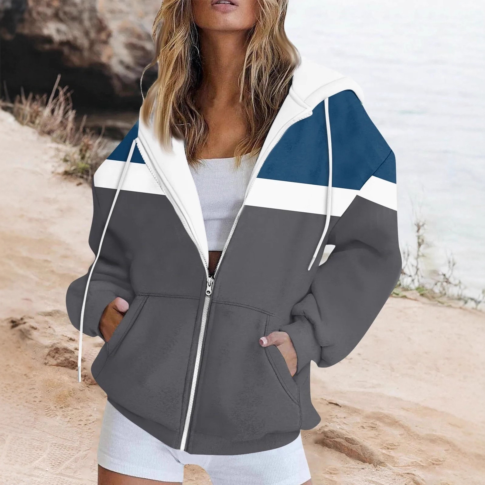 Women's Colorblock Print Zip-Up Sweatshirt