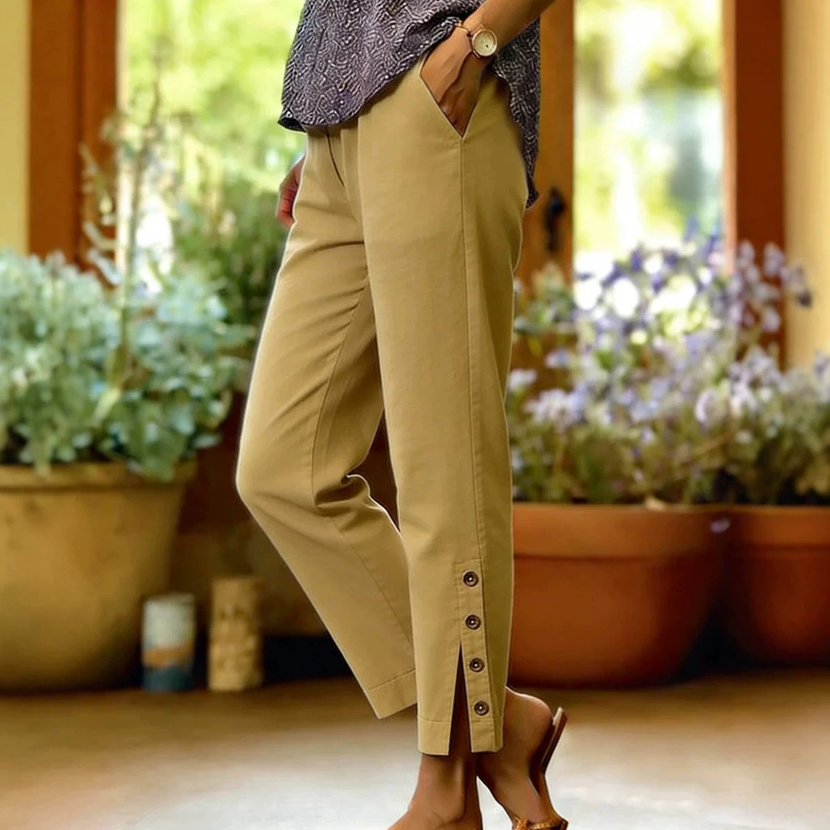 Women's Cotton-Linen Straight-Leg Cropped Pants with Side Buttons