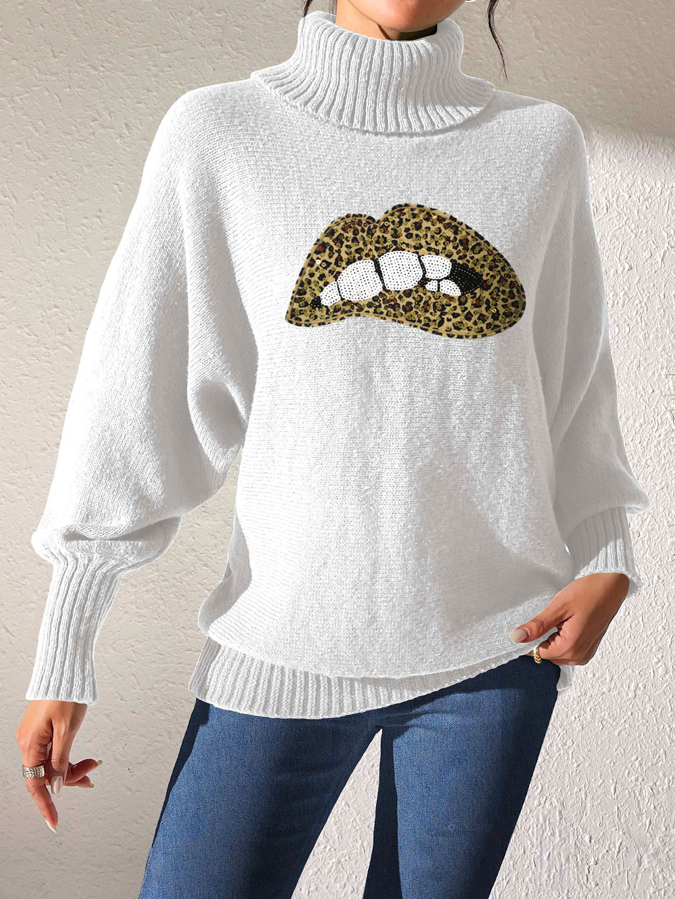 Women's Sequin Embroidered Cartoon Lips Turtleneck Pullover Sweater