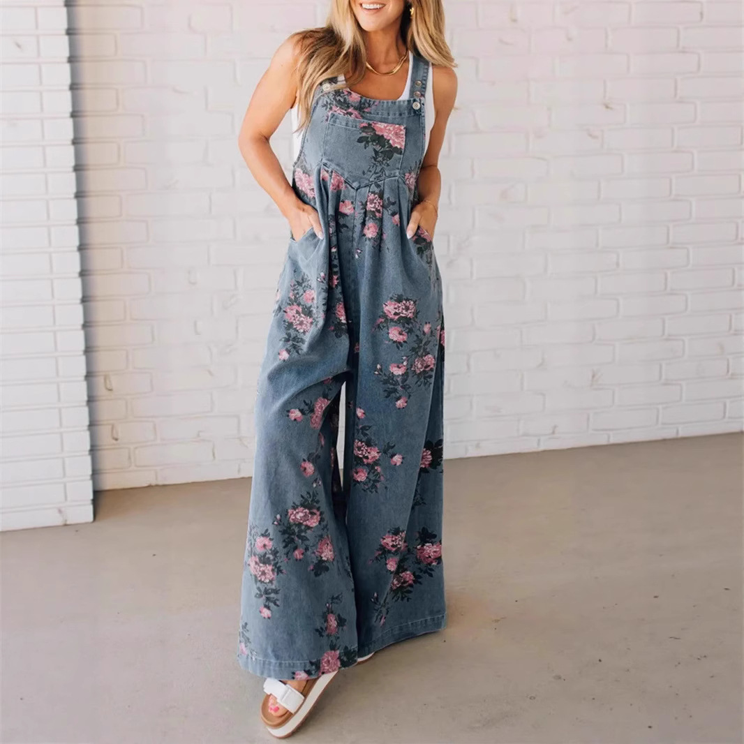 Floral Print Denim Sleeveless Jumpsuit with Pockets